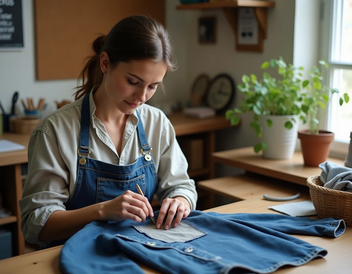 Artisane d'Adeline Retouch' réparant durablement une veste en jean dans un atelier de couture engagé