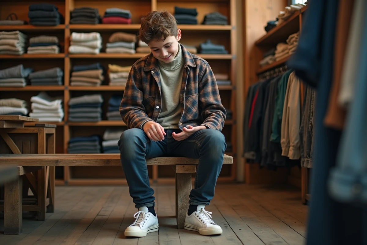 Adolescent découvrant sa propre mode dans une friperie vintage en inspectant une veste varsity