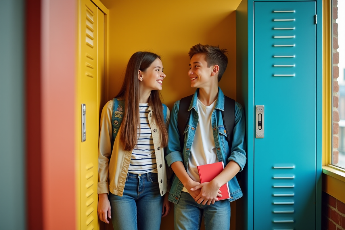 Adolescentes souriantes près des casiers à la fin de l