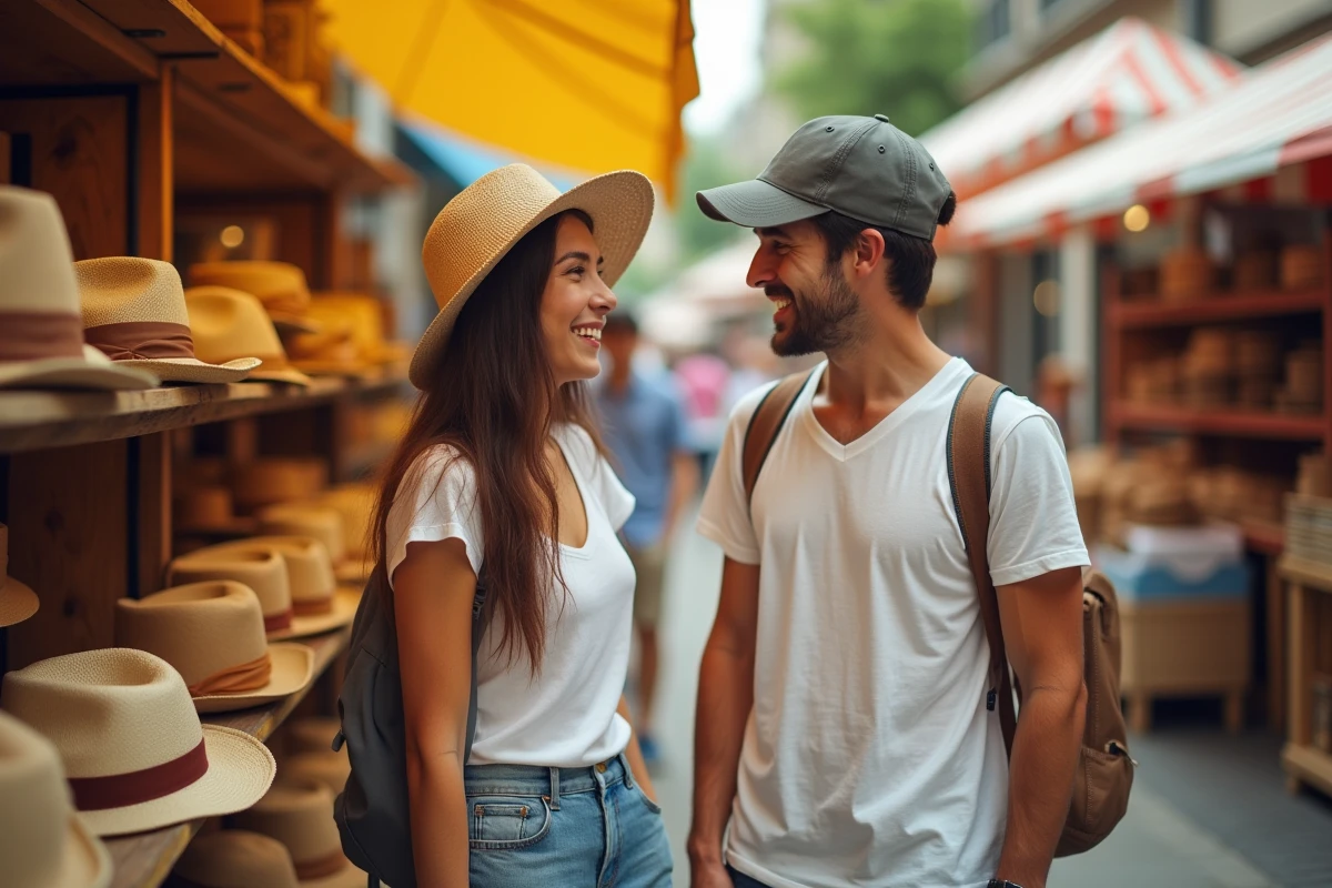 Deux amis comparant bob et casquette dans un marché estival en plein air, guide mode et protection solaire