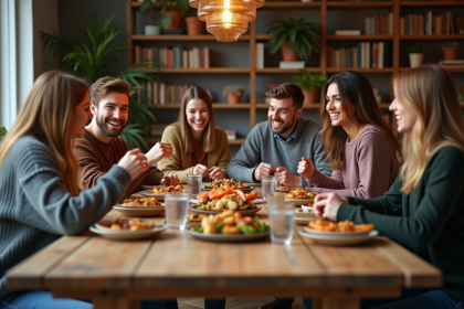 Groupe d'amis partageant un repas convivial à la maison