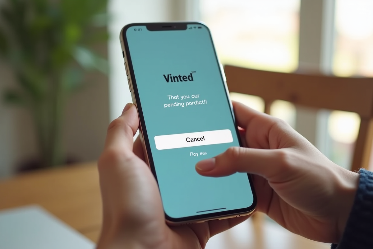 Smartphone affichant une vente en attente sur Vinted avec bouton annuler
