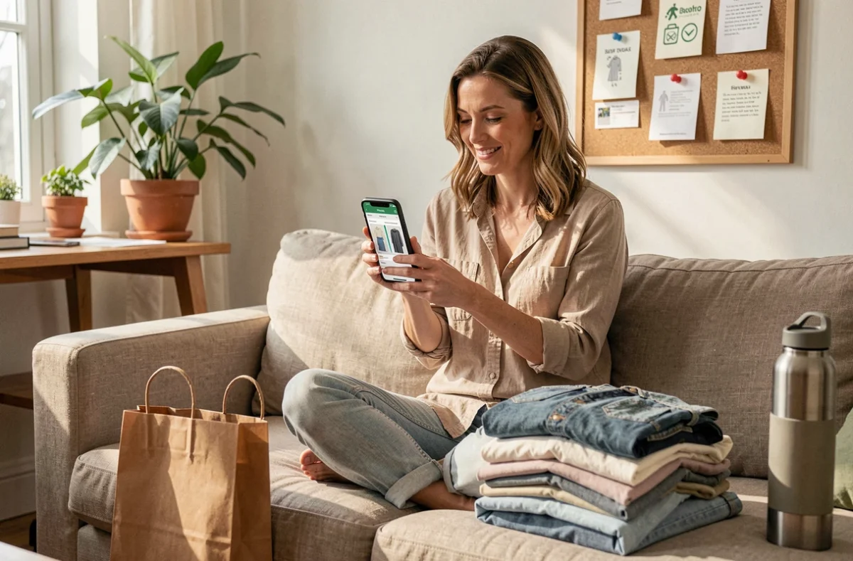 Femme utilisant une application de revente de vêtements sur smartphone à la maison, avec des habits pliés prêts à être expédiés, illustrant l'impact écologique de Sellpy et de la mode circulaire