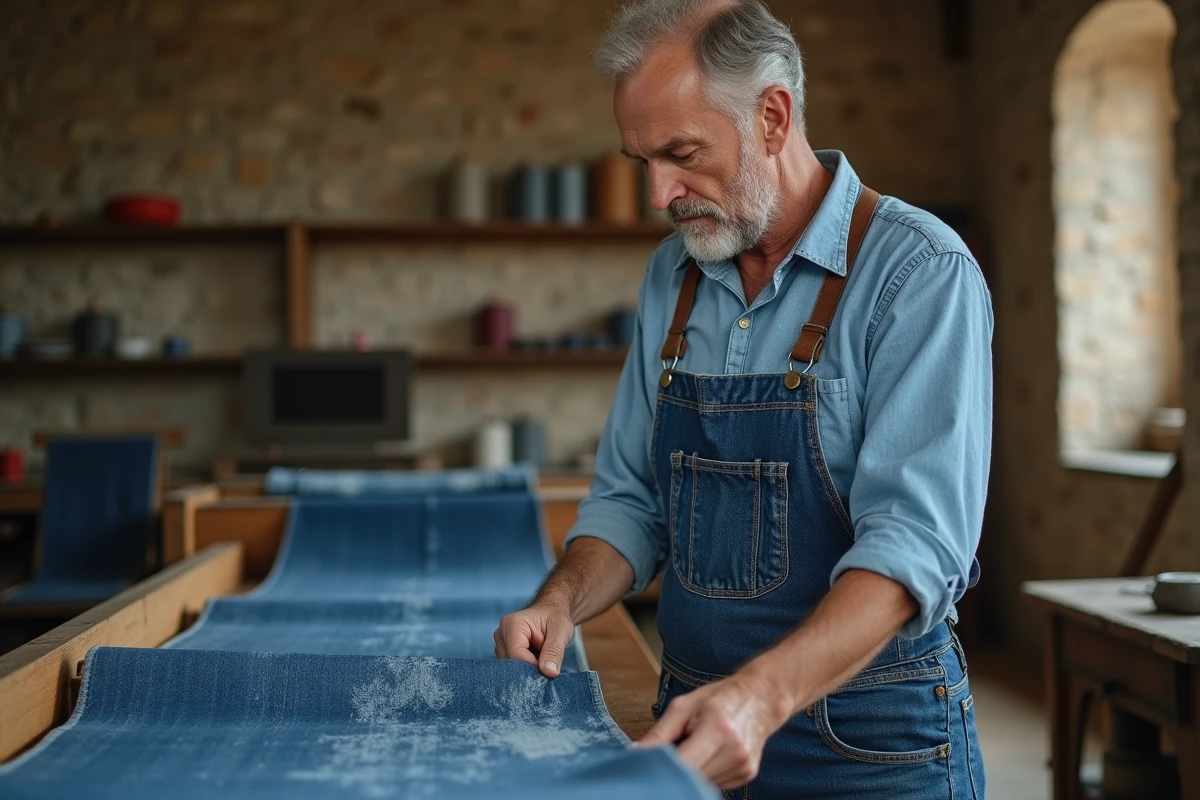 Artisan français d'âge mûr inspectant un rouleau de denim dans une manufacture textile de Nîmes, portant un jean indigo classique