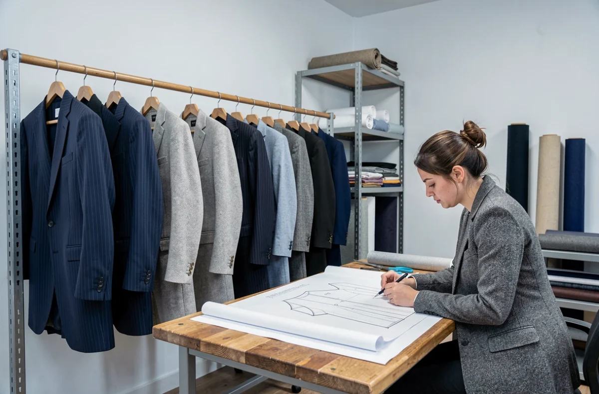 Atelier 5 à Nantes avec costumes sur mesure exposés sur rail et tailleur travaillant sur un patron