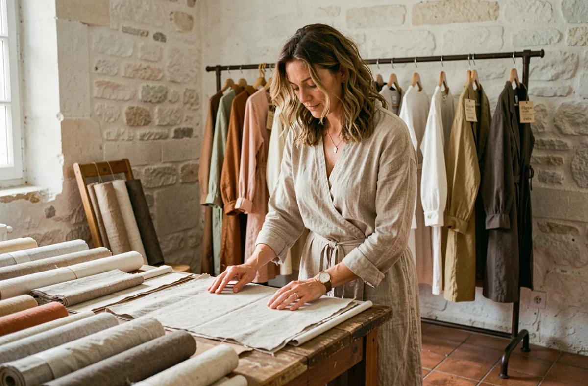 Créatrice de l'Atelier Boutique Malam à La Charité-sur-Loire travaillant sur ses créations en lin dans son atelier en pierre