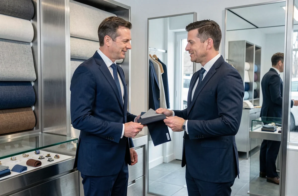Client en costume business discutant avec un conseiller chez Atelier Colqlico à Nantes pour un costume sur mesure