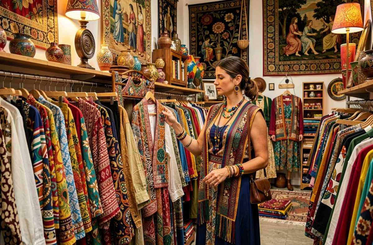 Boutique Babylone Bazaar à Dijon avec un style éclectique et des vêtements bohèmes colorés aux textures riches