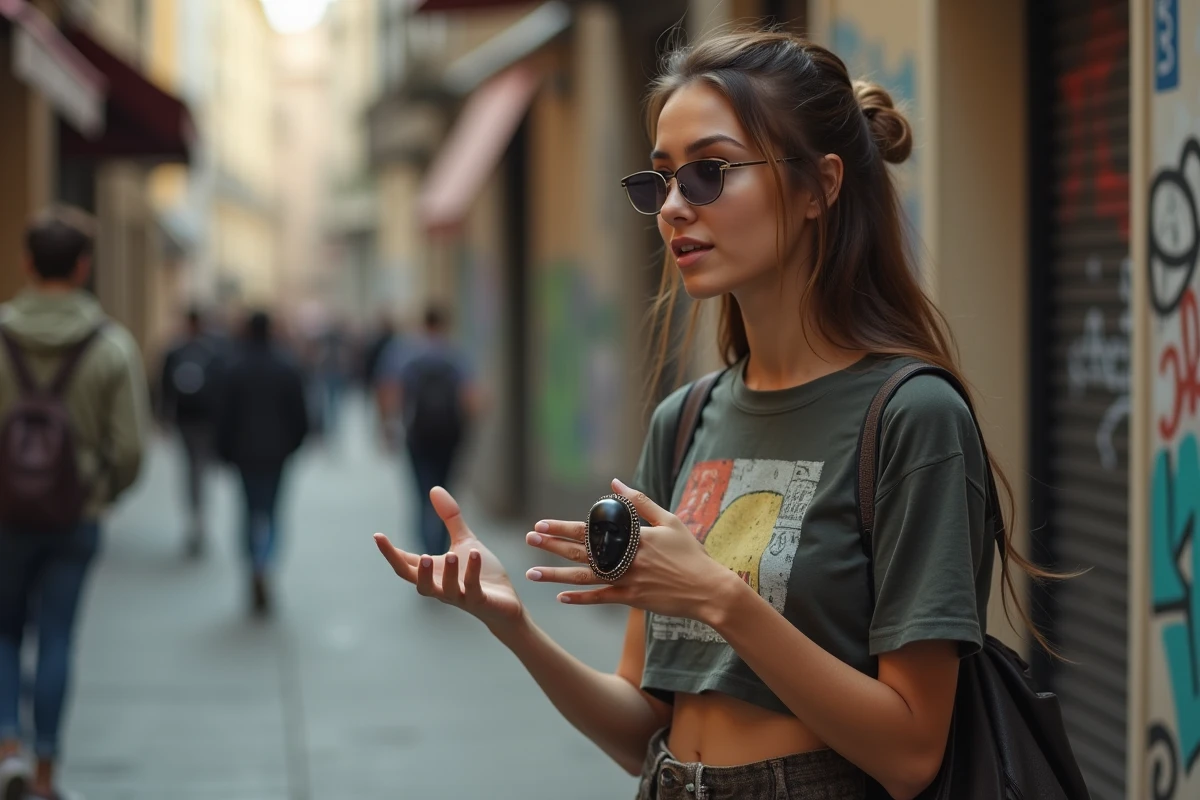Femme en tenue streetwear portant une bague camée contemporaine en résine noire dans un quartier urbain créatif