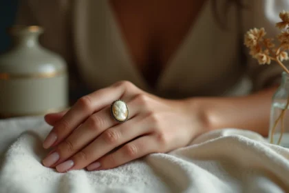 Bague camée classique en ivoire portée par une femme aux doigts posés sur du lin vintage, symbolisme et élégance intemporelle
