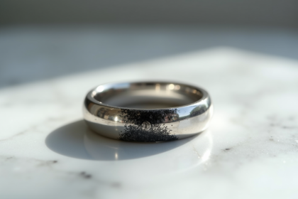 Bague en argent 925 brillante et oxydée sur marbre blanc