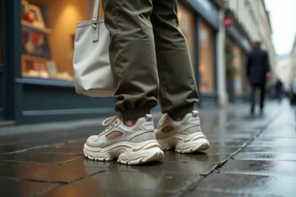 Jeune homme portant des sneakers Balenciaga Triple S oversize sur un trottoir parisien mouillé, style luxe streetwear