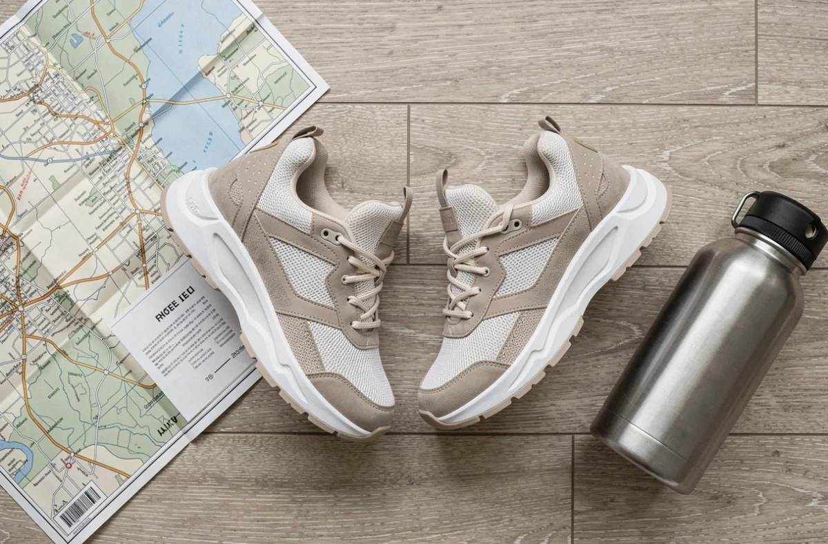 Baskets confortables pour la marche longue distance posées sur un parquet avec accessoires de randonnée urbaine