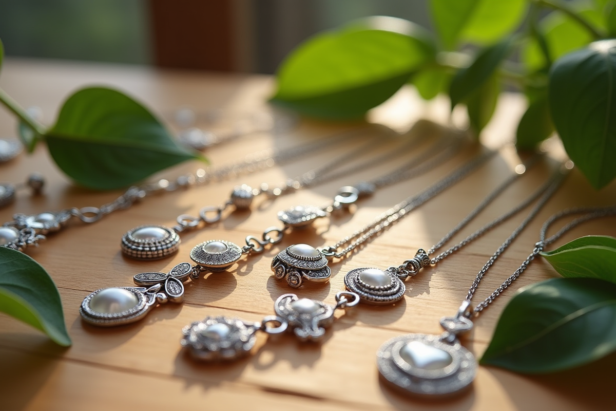 Bijoux en argent 925 avec feuilles vertes sur table en bois
