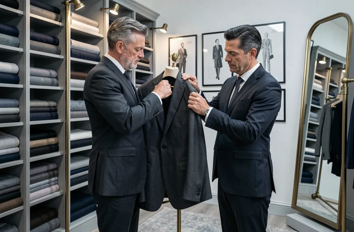 Les deux tailleurs de Blandin et Delloye à Nantes examinant un costume sur mesure dans leur showroom