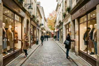 Rue commerçante pittoresque de Bourgogne-Franche-Comté avec des boutiques de mode indépendantes aux vitrines élégantes