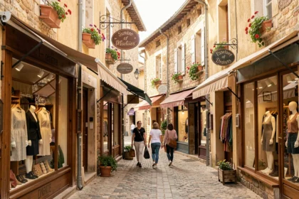 Rue commerçante pittoresque de la Drôme avec des boutiques de vêtements indépendantes et des façades en pierre