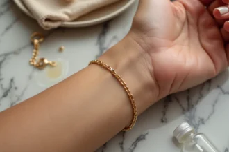 Bracelet femme en or posé sur marbre avec signes d'usure près du fermoir, illustrant les erreurs d'entretien