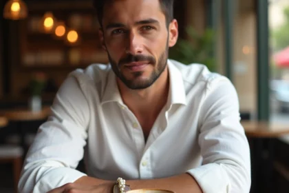 Homme trendy portant un bracelet perle au poignet dans un café parisien, style moderne et décontracté