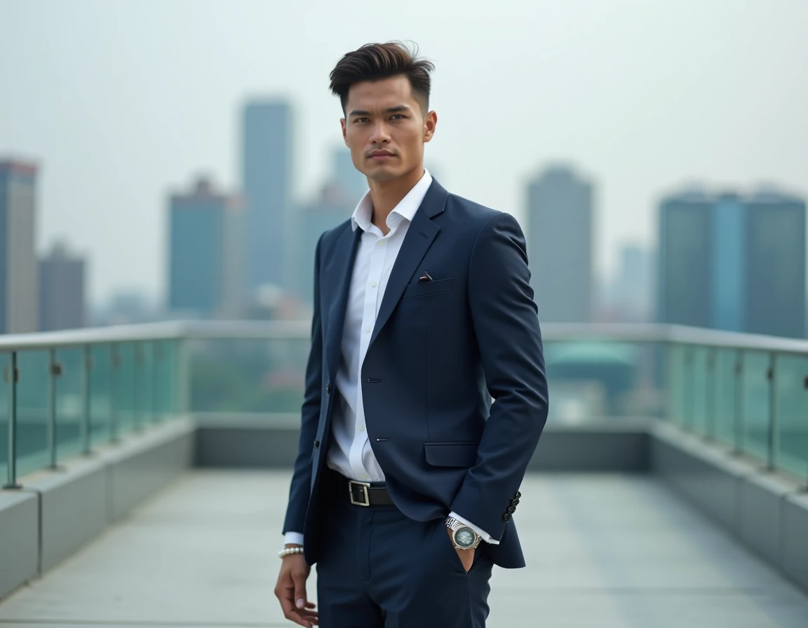 Homme en costume bleu marine avec bracelet perle au poignet sur un rooftop urbain moderne