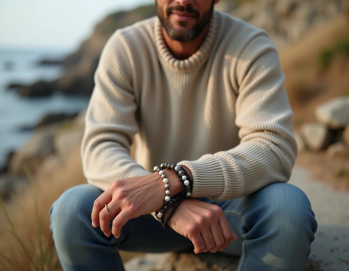 Gros plan sur des bracelets perle homme empilés au poignet dans un cadre naturel bord de mer