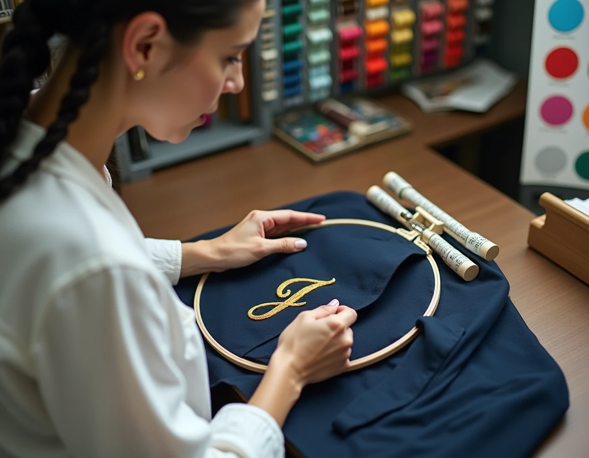 Broderie personnalisée réalisée par Broderie d'Ines sur le revers d'un blazer marine avec des fils colorés