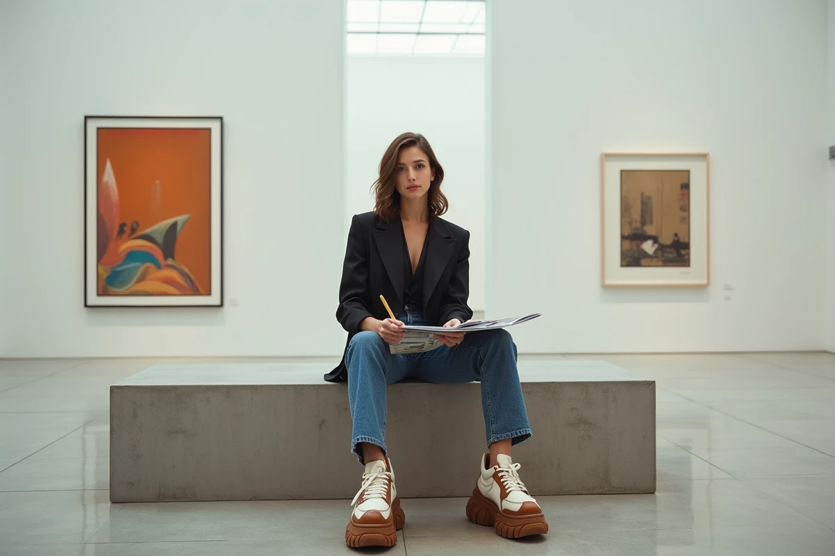 Femme assise dans un musée d'art contemporain avec des chaussures Balenciaga à semelles épaisses, esthétique luxe avant-gardiste