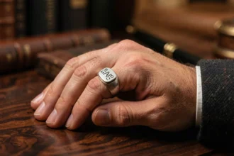 Main d'homme portant une chevalière personnalisée en argent gravée avec des initiales, posée sur un bureau en bois sombre