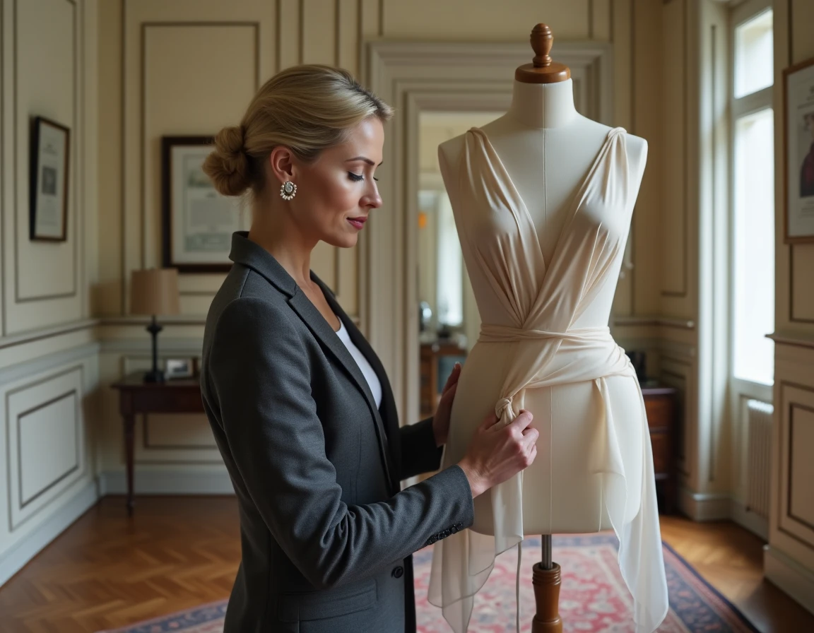 Couturière de CI Monthury drapant une organza de soie cousue main sur un mannequin dans son atelier de haute couture à Lille