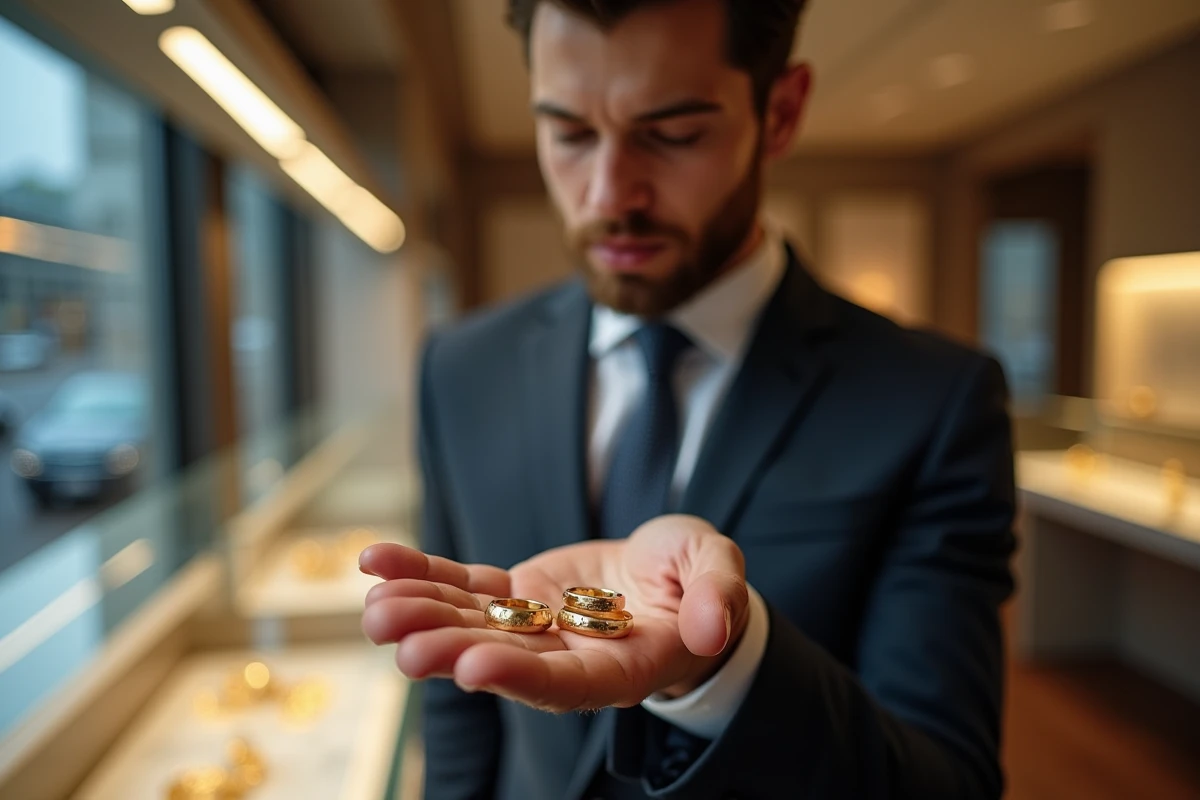 Jeune homme inspectant des anneaux en or dans une boutique