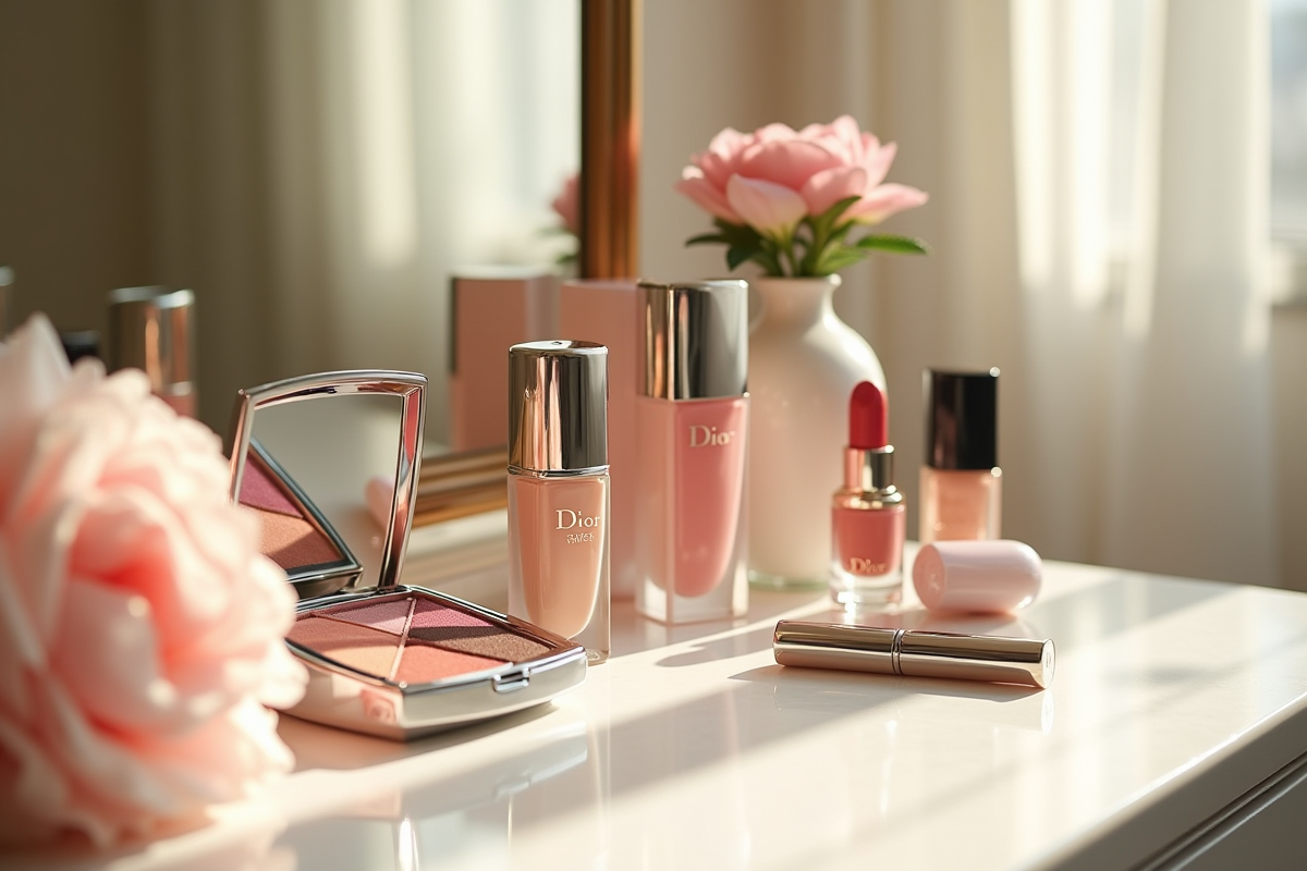 coffret de produits Dior sur une coiffeuse élégante