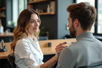 Coiffeuse femme en conseil avec client dans salon moderne