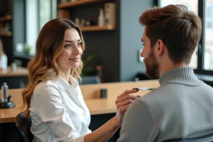 Coiffeuse femme en conseil avec client dans salon moderne