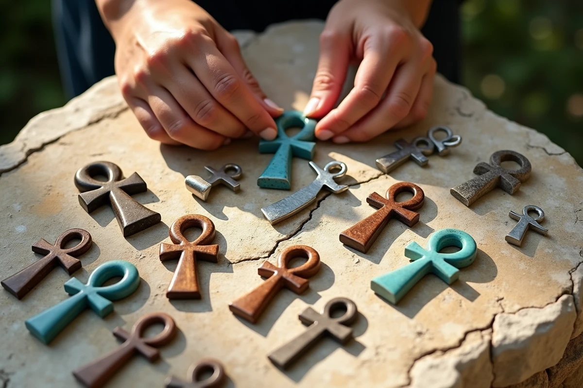 Collection de croix ankh de différents matériaux et styles posés sur une surface en pierre, illustrant la diversité et la popularité du symbole égyptien en 2026