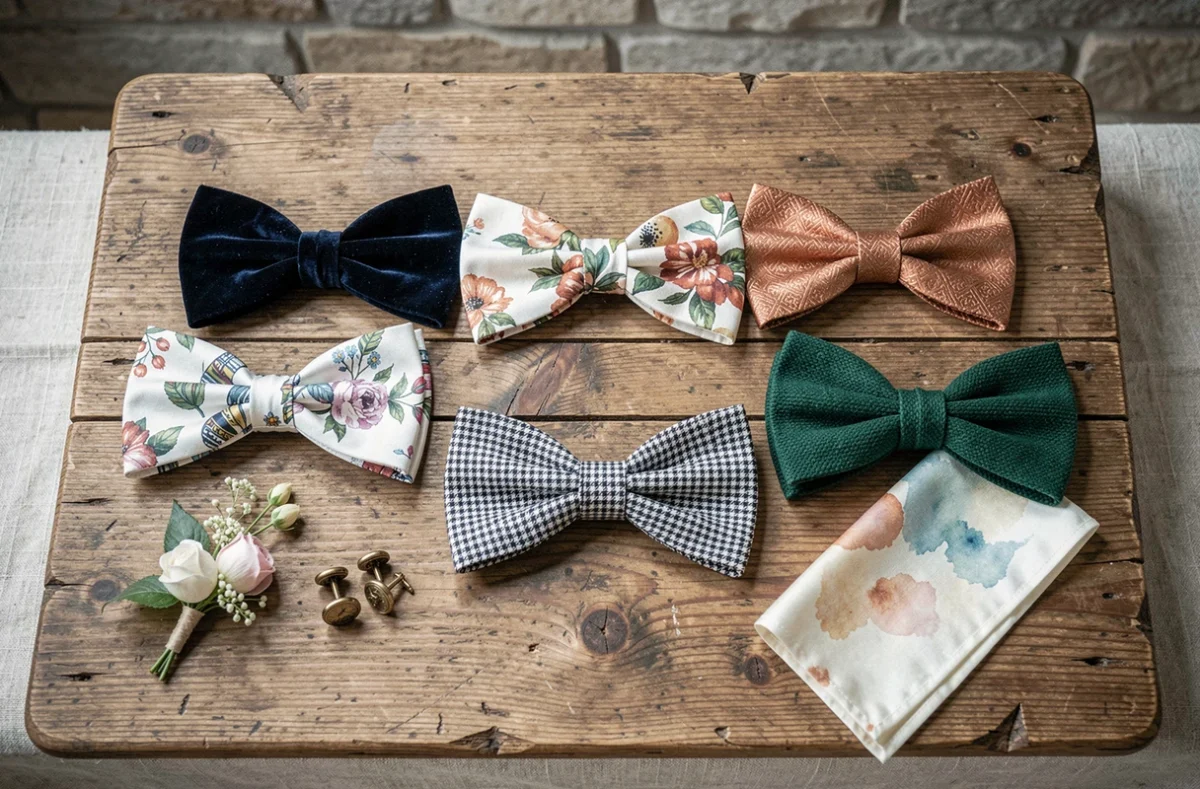 Collection de six nœuds papillons originaux pour mariage présentés en flat-lay avec accessoires élégants sur table en bois rustique