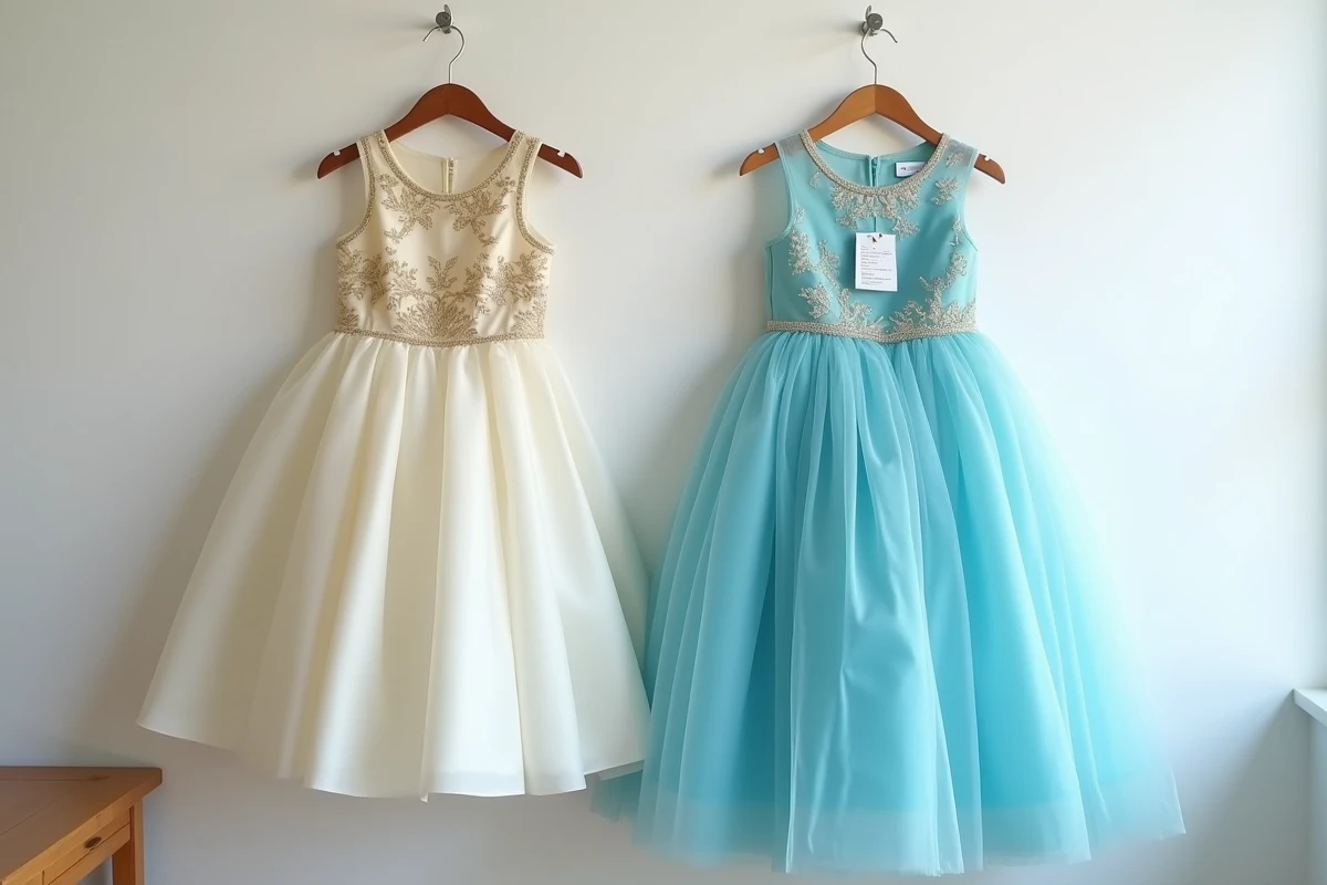 Comparaison entre une robe de princesse achetée neuve et une robe louée pour fillette, côte à côte