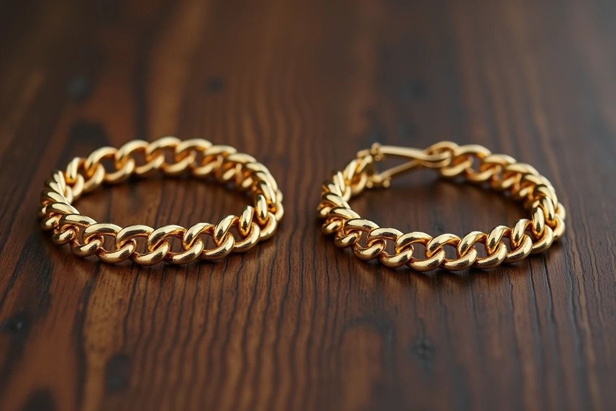 Comparaison de deux bracelets en or pour femme, l'un entretenu et l'autre oxydé et abîmé