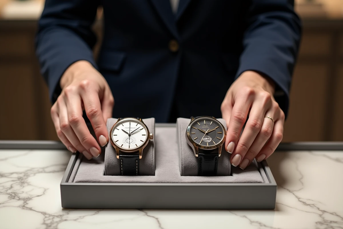 Mains d'une femme comparant deux montres de luxe sur un plateau en velours chez un horloger