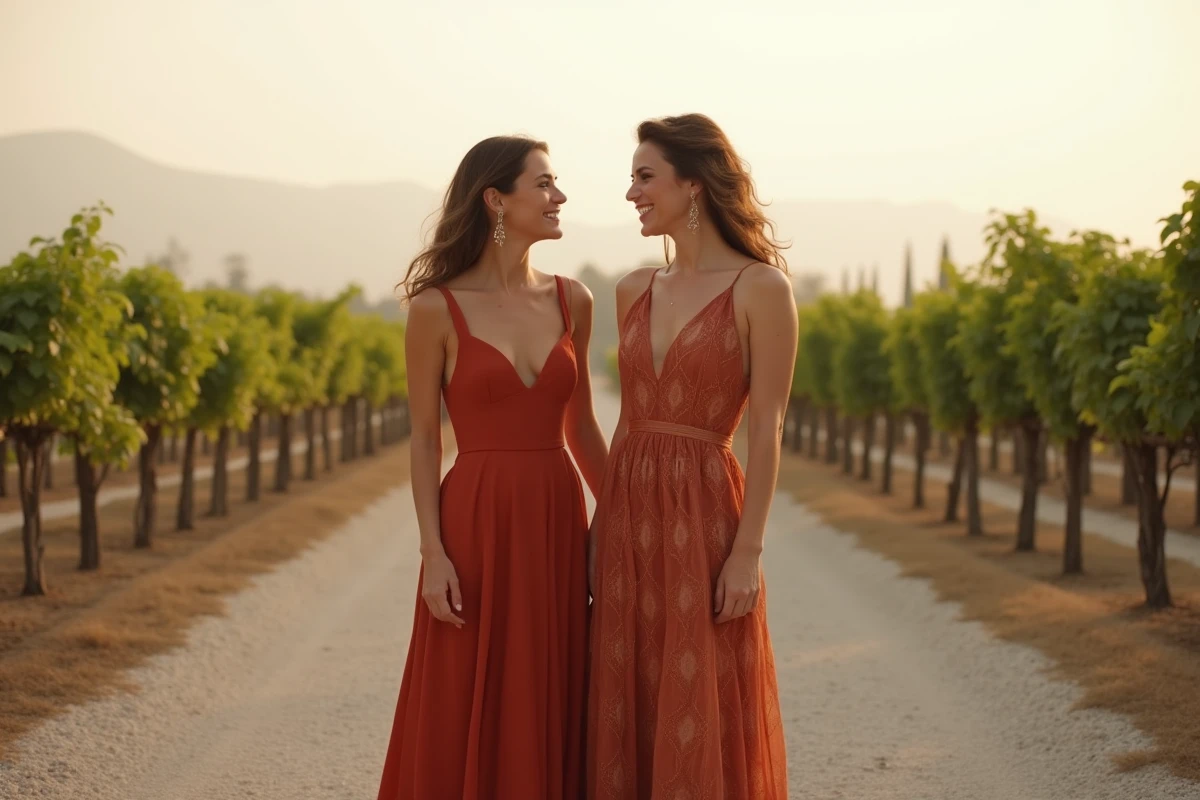 Deux femmes comparant une robe terracotta unie et une robe terracotta à motifs lors d'un mariage en vignoble