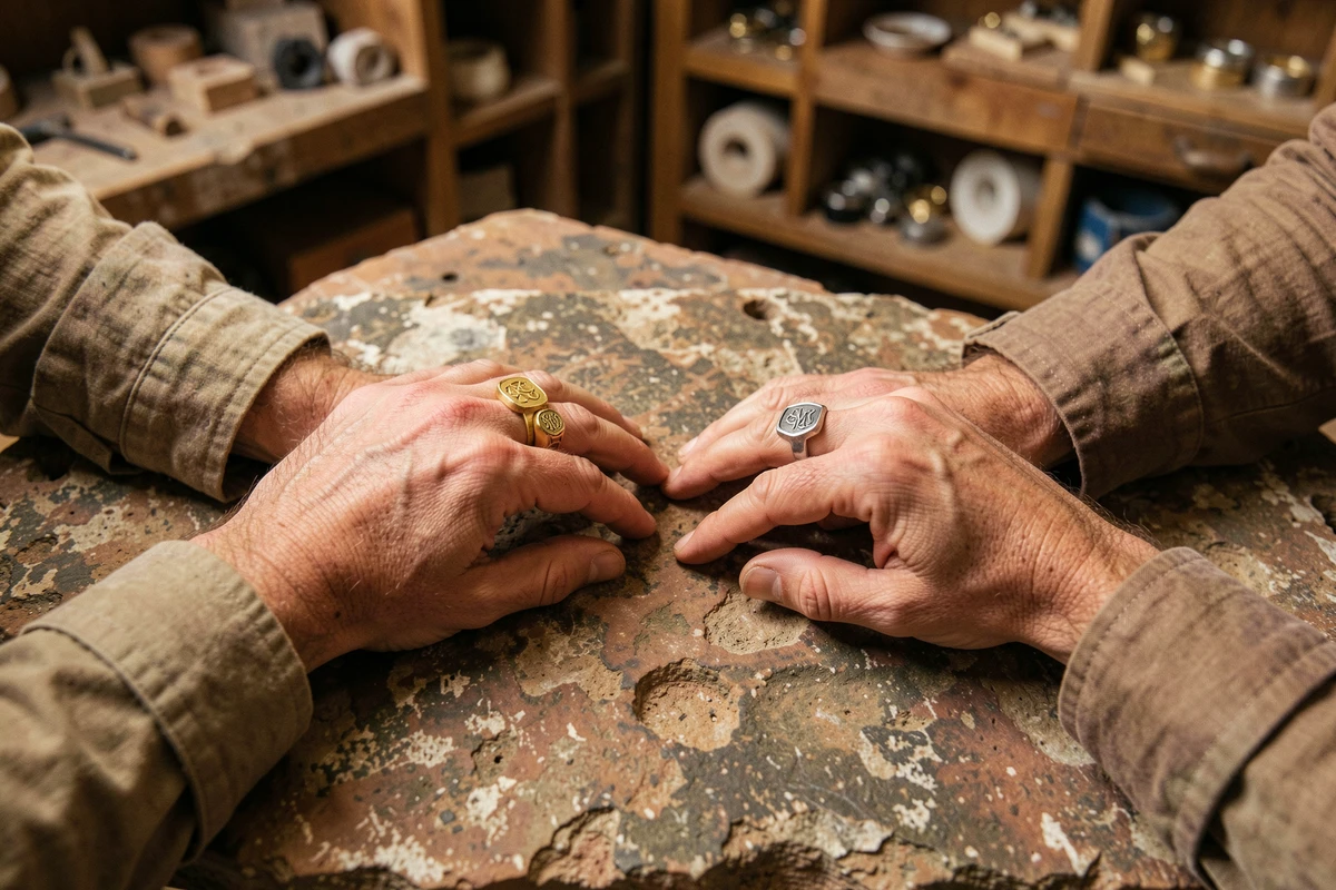 Deux chevalières personnalisées en or et argent posées sur des mains masculines dans un atelier de bijouterie artisanal