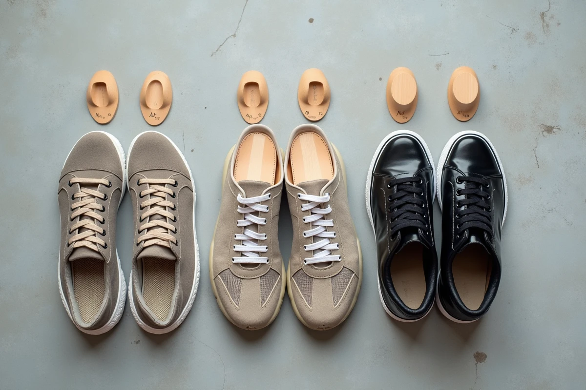 Vue à plat de plusieurs types de formes à chaussures comparées côte à côte avec différentes paires de sneakers sur fond béton