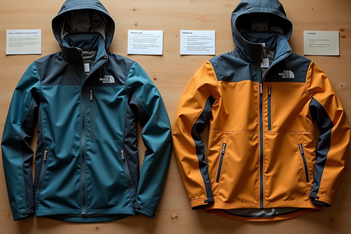 Comparatif à plat de deux vestes outdoor de marques différentes mettant en valeur la qualité des matériaux