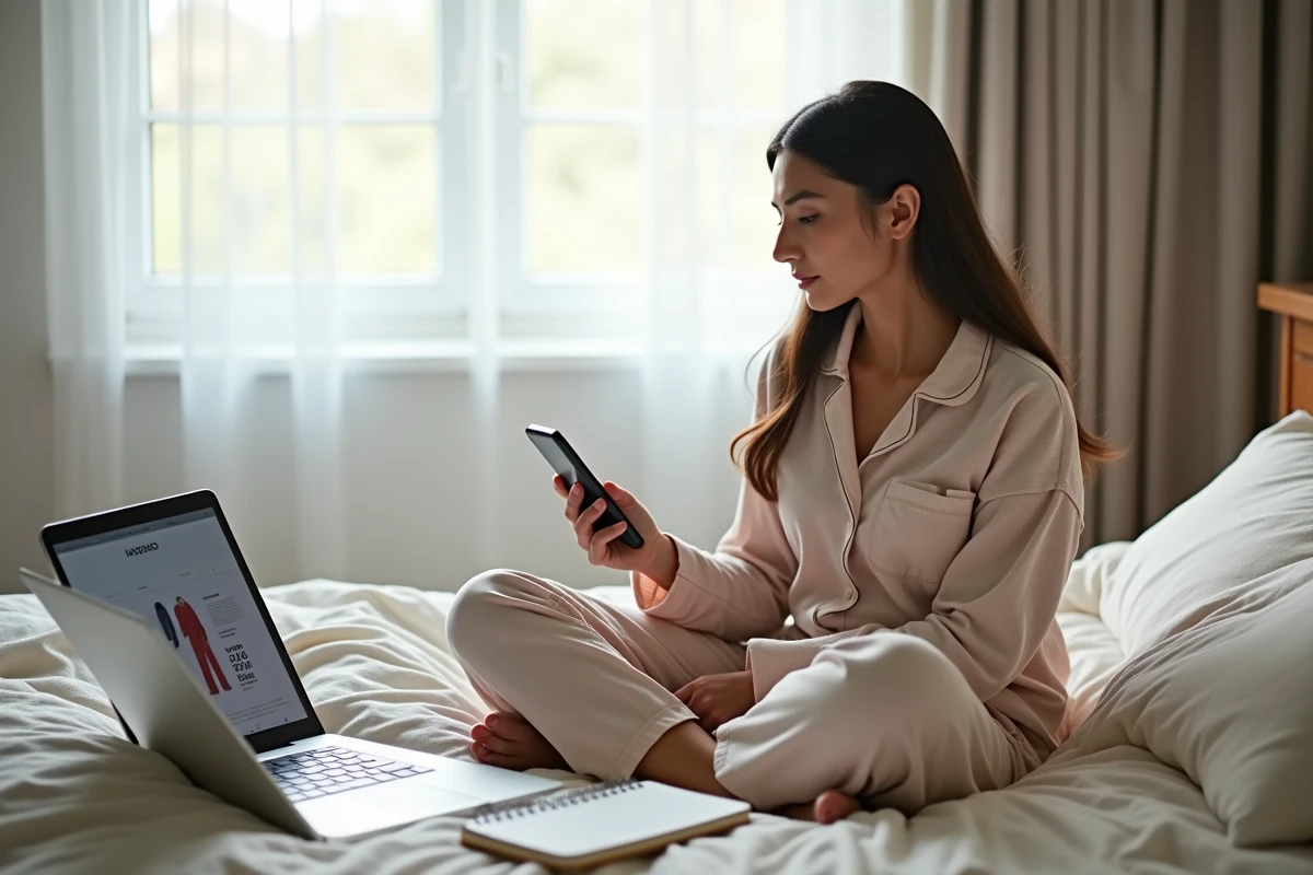 Jeune femme consultant les guides de tailles et conditions de retour avant de commander sur only-trend.fr