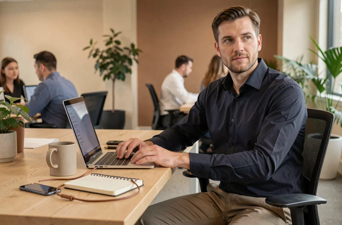Homme au bureau avec coque de téléphone cordon en cuir posée sur un bureau moderne