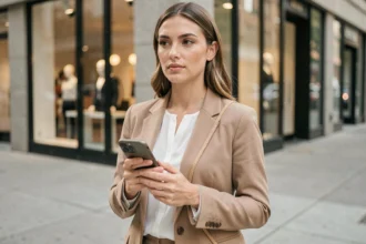 Femme élégante en blazer beige portant une coque de téléphone avec cordon discret en ville