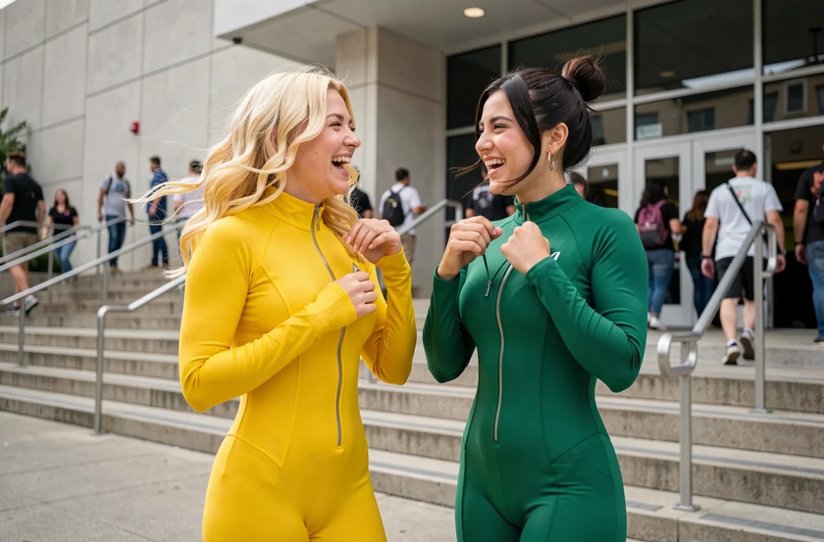Deux cosplayeuses déguisées en Clover et Alex de Totally Spies riant devant l'entrée d'une convention, s'aidant mutuellement à ajuster leurs costumes
