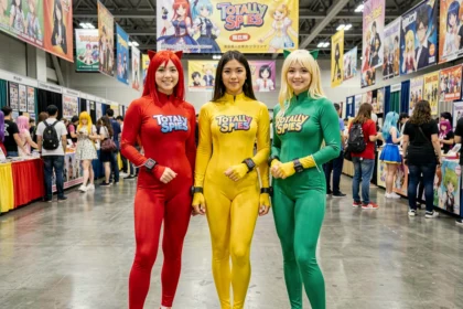 Trois cosplayeuses déguisées en personnages de Totally Spies lors d'une convention anime, portant leurs combinaisons colorées rouge, jaune et verte