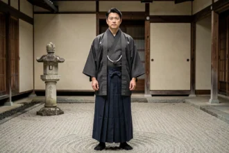 Homme japonais portant un hakama moderne de couleur marine inspiré des samouraïs dans une cour zen minimaliste