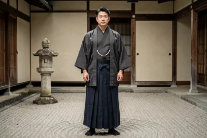 Homme japonais portant un hakama moderne de couleur marine inspiré des samouraïs dans une cour zen minimaliste