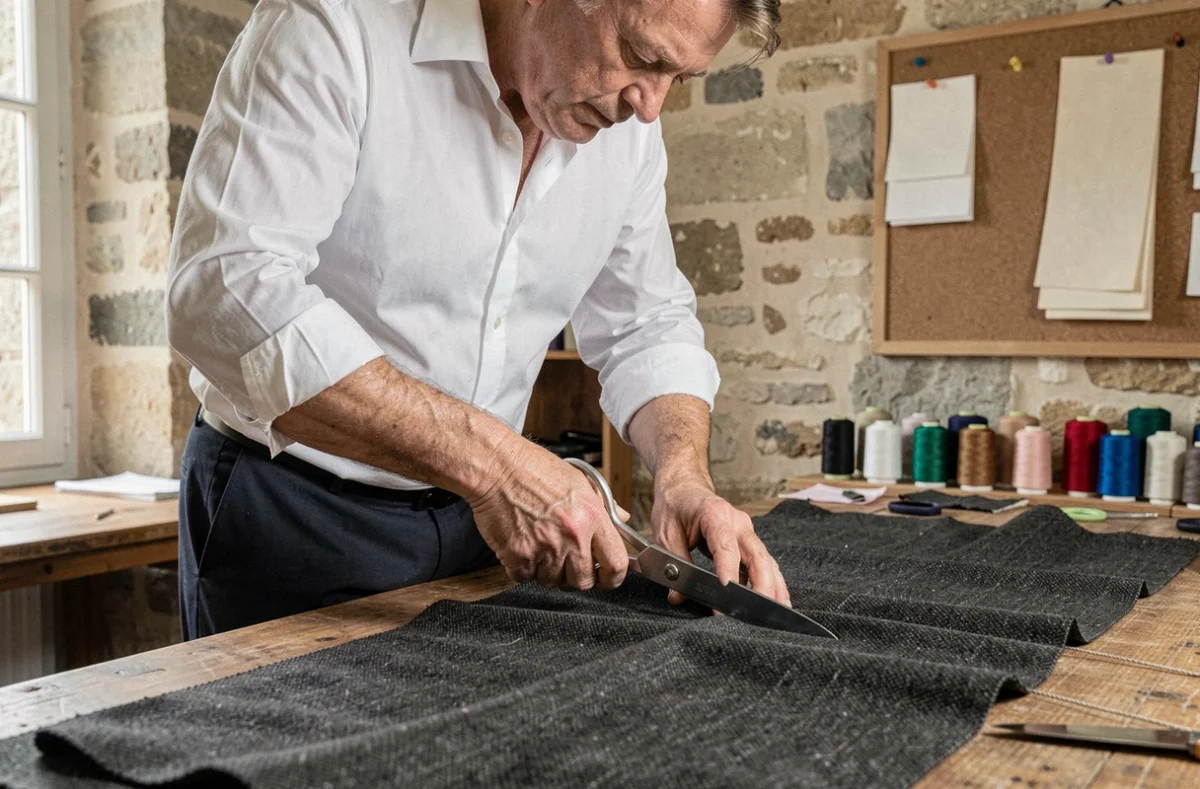 Tailleur de Coup de Ciseaux à Nantes découpant un tissu sur mesure avec des ciseaux professionnels